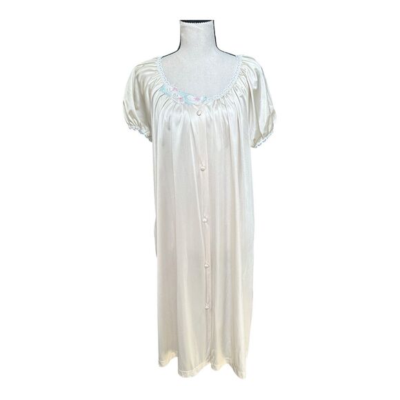 Vintage Vandemere Satin Nightgown Ivory Button Front Floral Lace USA Made M - Picture 1 of 6